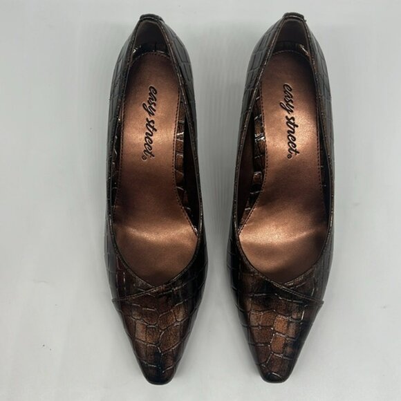 Easy Street Bronze Snake Patent Chiffon Small Heel Pumps Pointed Toe 6.5 WIDE - Picture 5 of 16